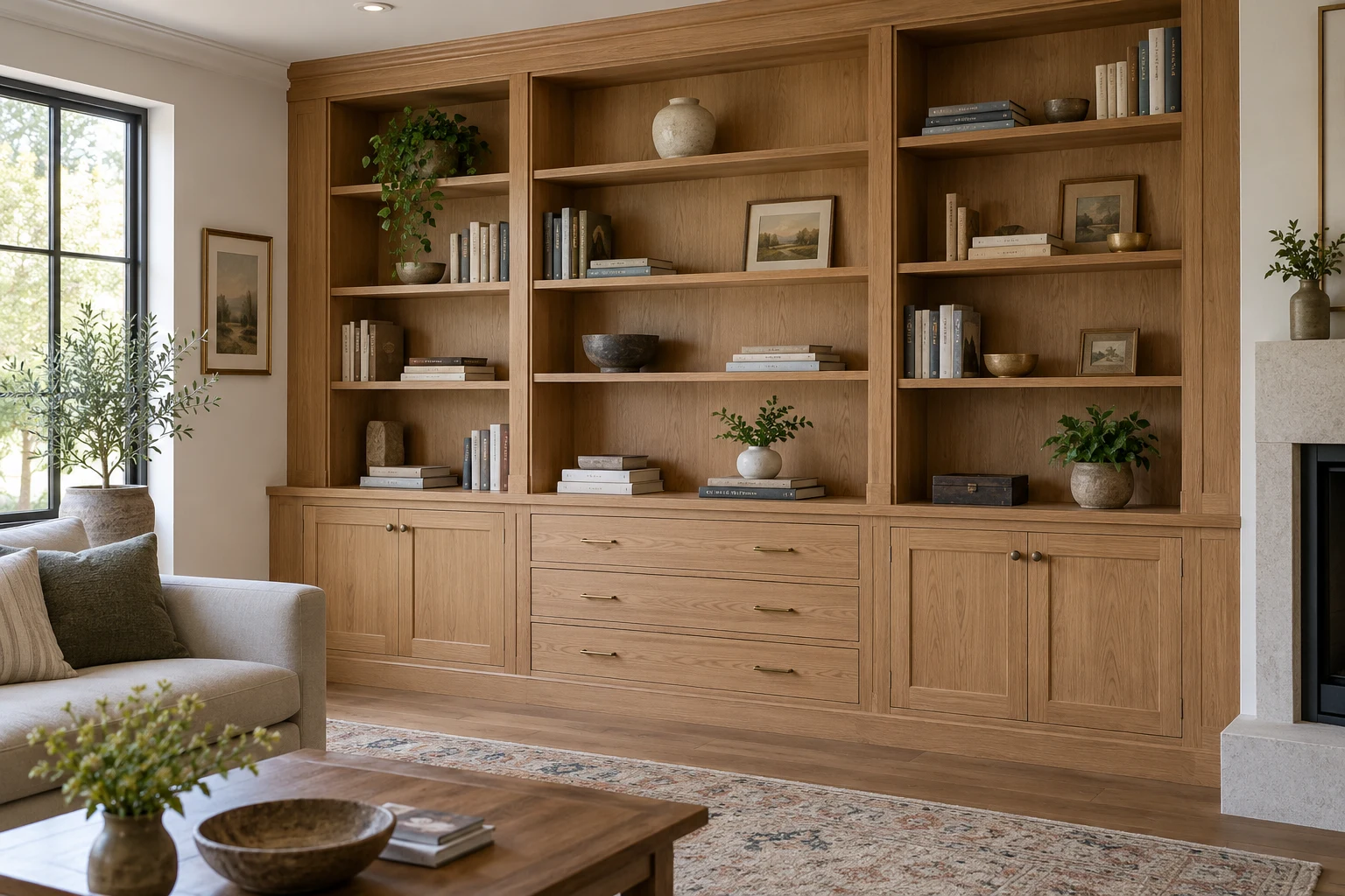Oak built-in cabinetry and shelving