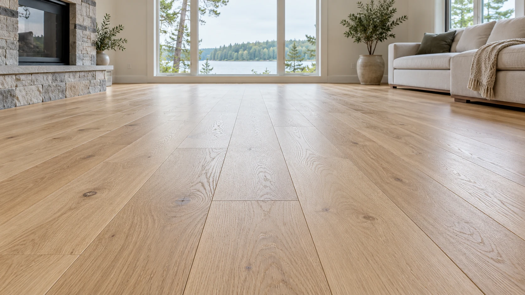 Wide oak plank floor across an open room
