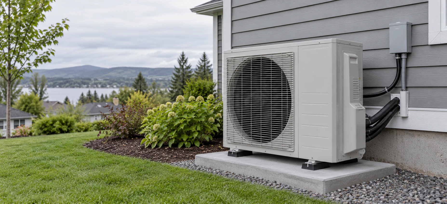 Residential heat pump beside a home