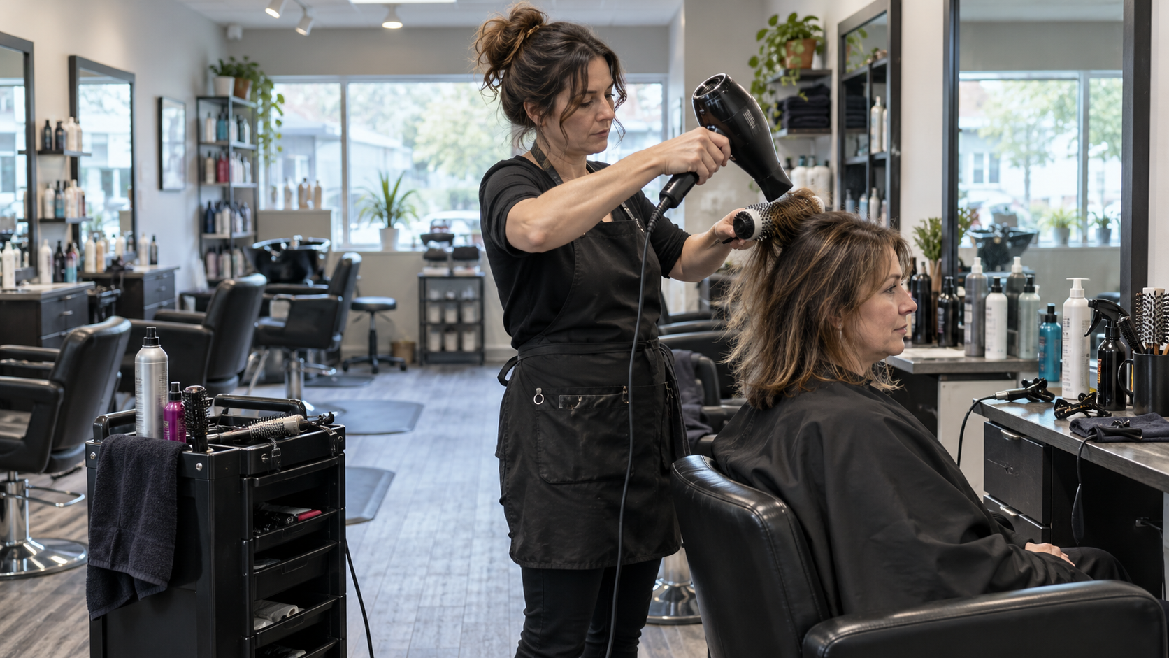 Female hairstylist styling a female client’s hair